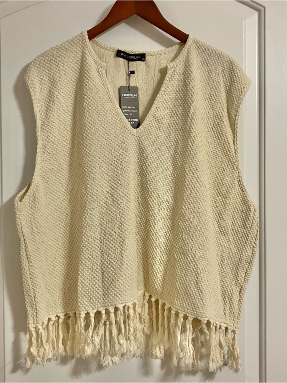 INCERUN Men’s Notched Neck Fringe Hem Tank Top Sz 3XL